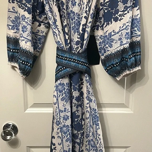 Tuckernuck Blue and White Floral Border-Print Maxi Dress with Tie Belt - Picture 2 of 3